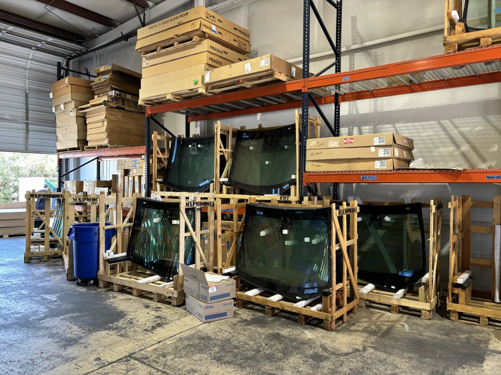 Windshields racked in the Blue Chip glass warehouse