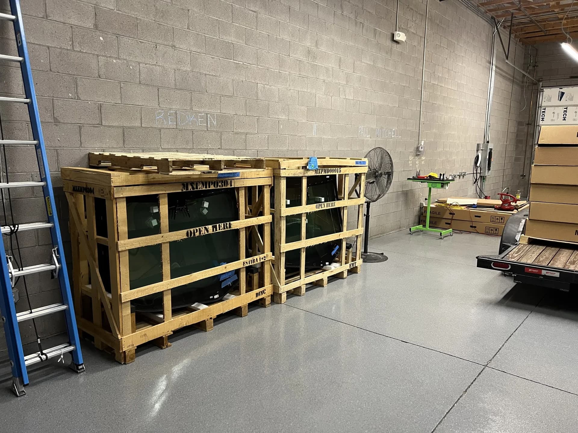 Crated windshields ready for installation at the Mesa shop