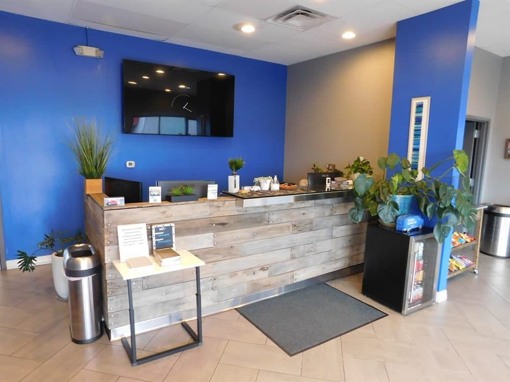 Phoenix shop front counter with reclaimed-wood paneling and plants
