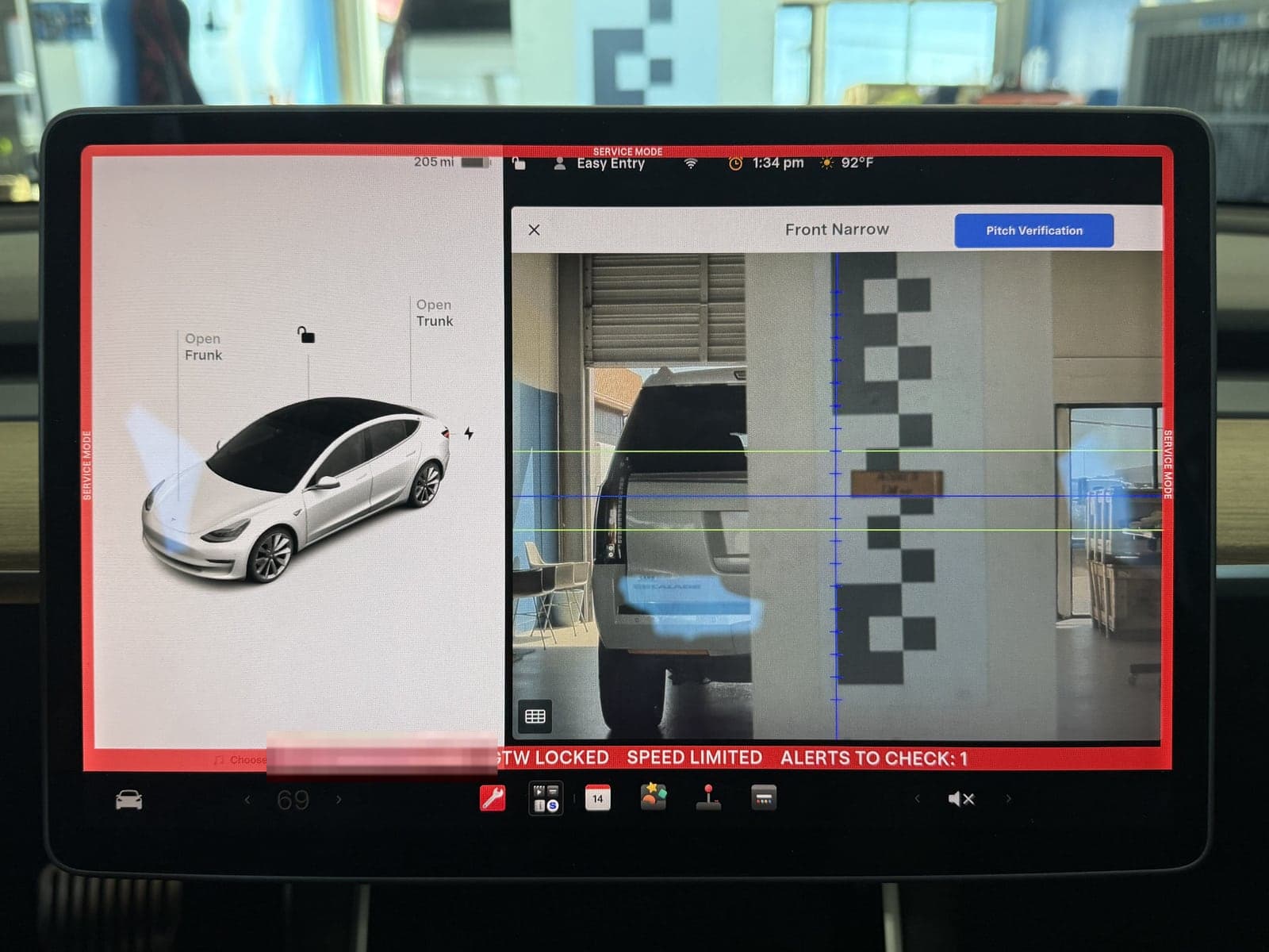Tesla Pitch Verification screen for the Front Narrow camera