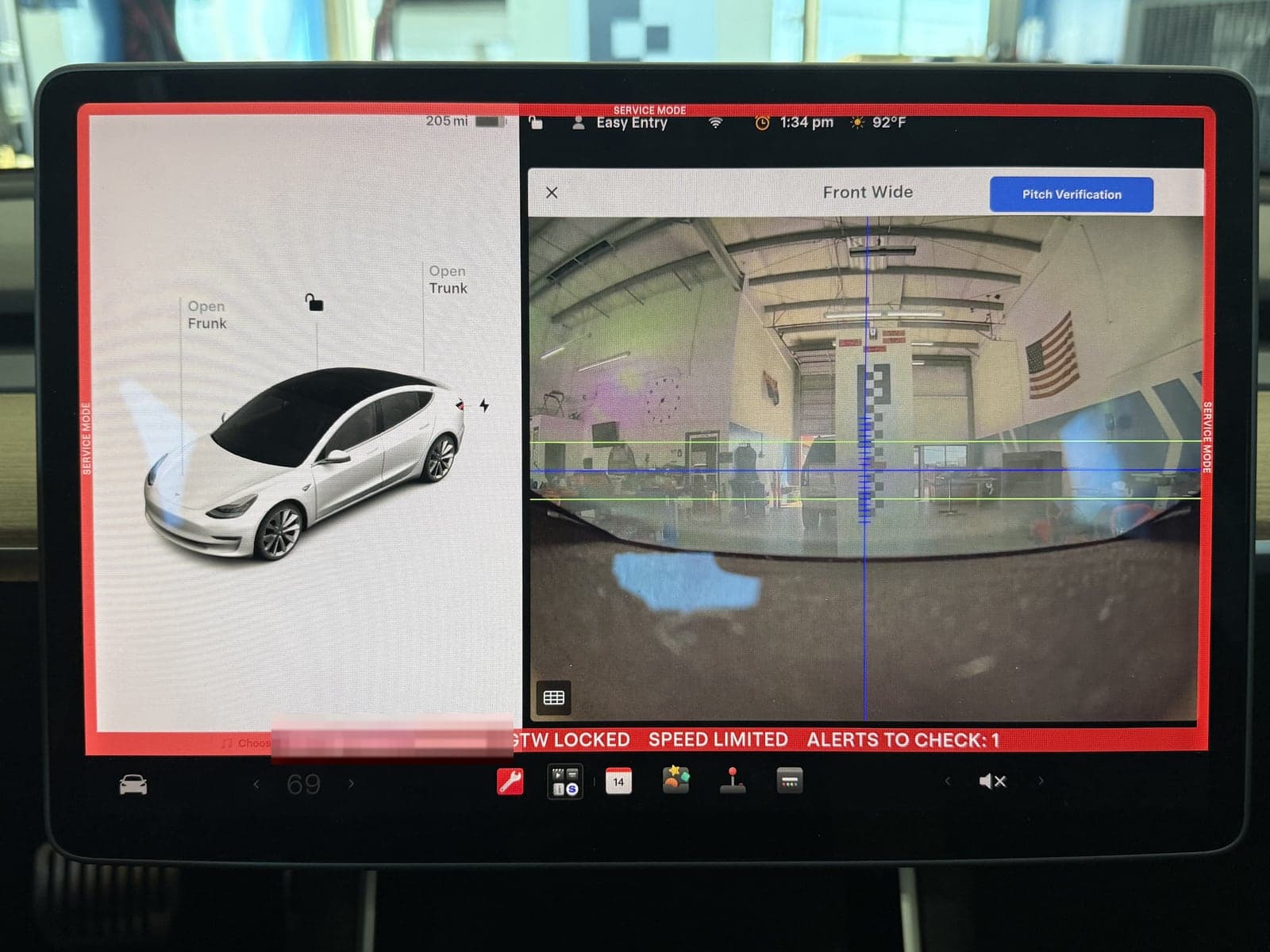 Tesla Pitch Verification screen for the Front Wide camera