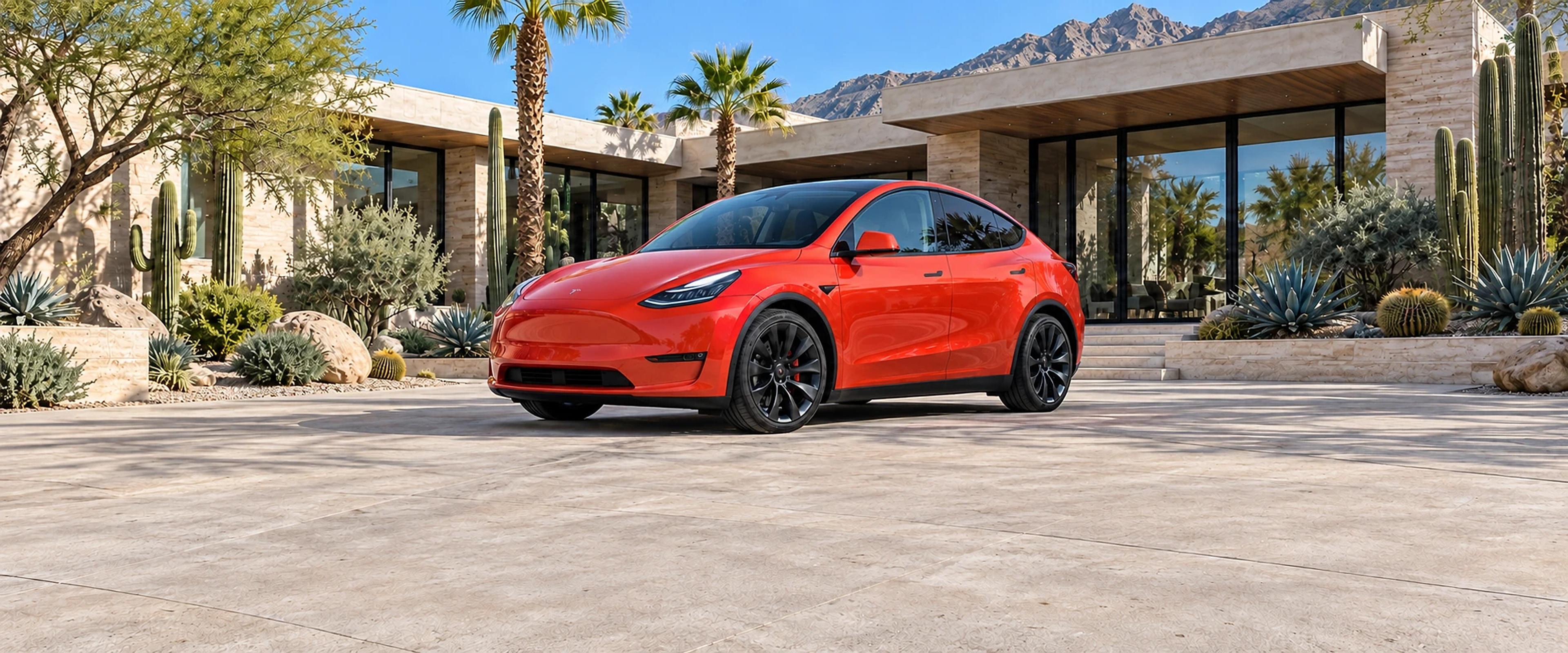 Red Tesla Model Y parked outside a modern desert home